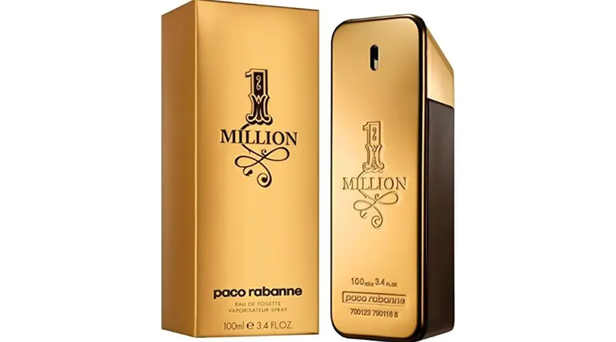 عطر مردانه ادو تویلت Milion 1 از پاکو رابان طلایی در کنار جعبه 